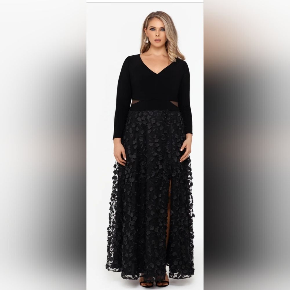 Xscape Black Long Sleeve V-Neck Prom Dress with Textured Skirt